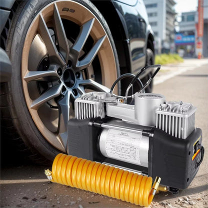 150 PSI Automotive Electric Air Pump – Portable Dual Cylinder Compressor with Pressure Gauge – Automatic Inflation