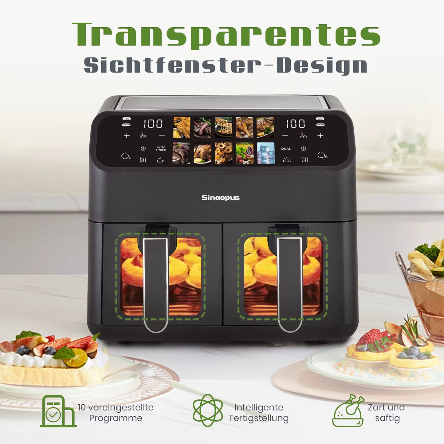 Friteuse à Air Chaud Double Panier 9L Sans Huile Écran Tactile LED XXL Familiale avec Fenêtre Visible
