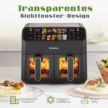 Friteuse à Air Chaud Double Panier 9L Sans Huile Écran Tactile LED XXL Familiale avec Fenêtre Visible
