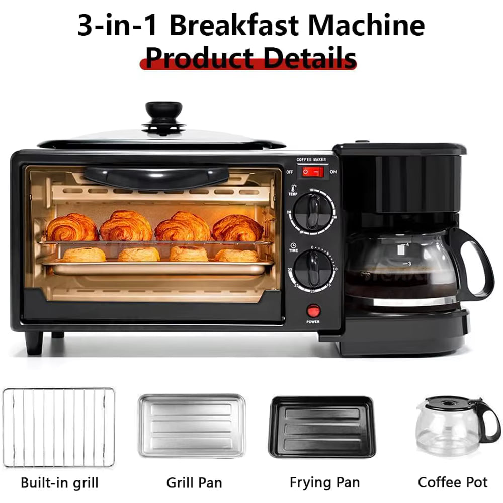 Station Petit Déjeuner 3 en 1 Multifonction avec Four, Cafetière et Grille-Pain Compact Noir