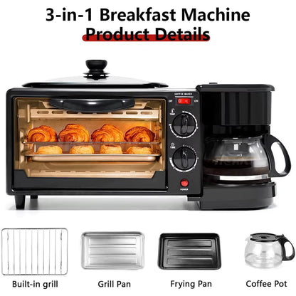 Station Petit Déjeuner 3 en 1 Multifonction avec Four, Cafetière et Grille-Pain Compact Noir