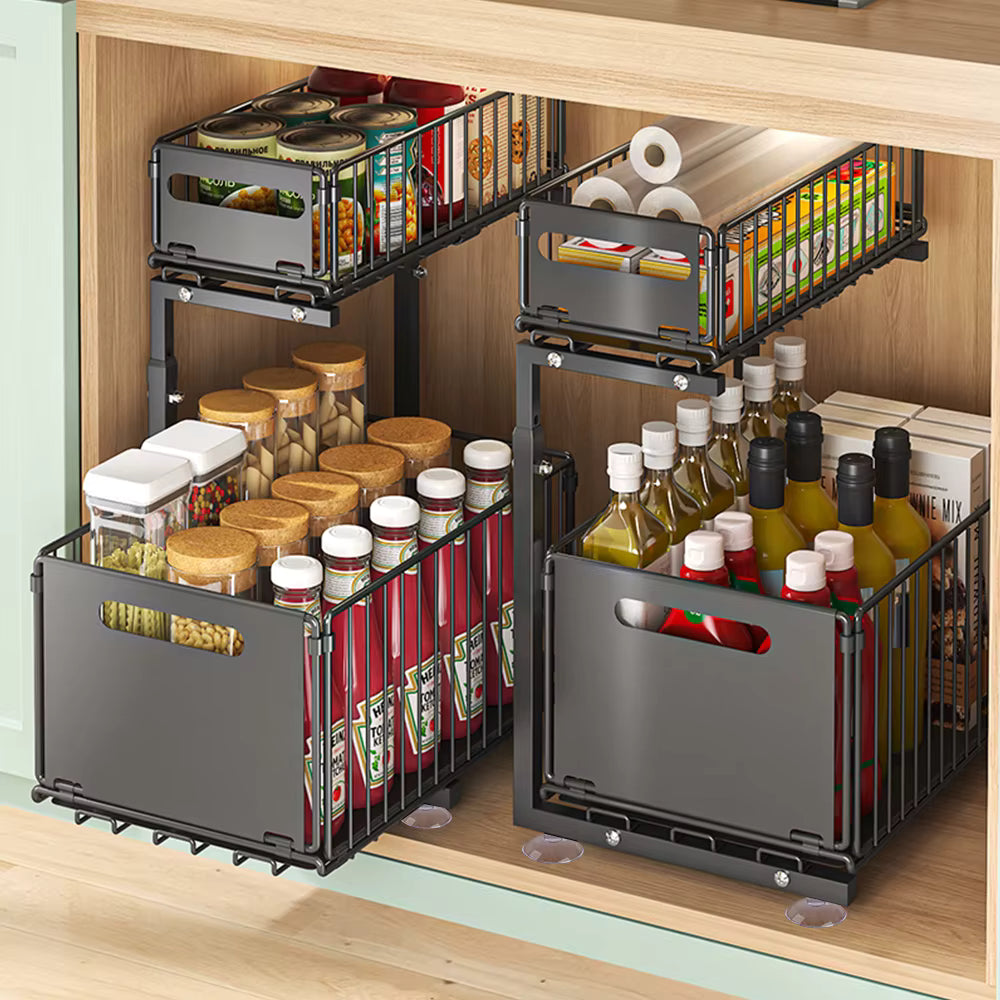 Organisateur d’armoire extractible 2 niveaux avec tiroir coulissant réglable
