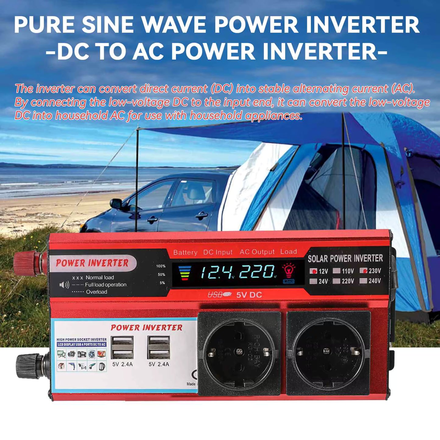 Onduleur Pur Sinus 4000W 12V vers 220V/230V – Affichage LED Numérique