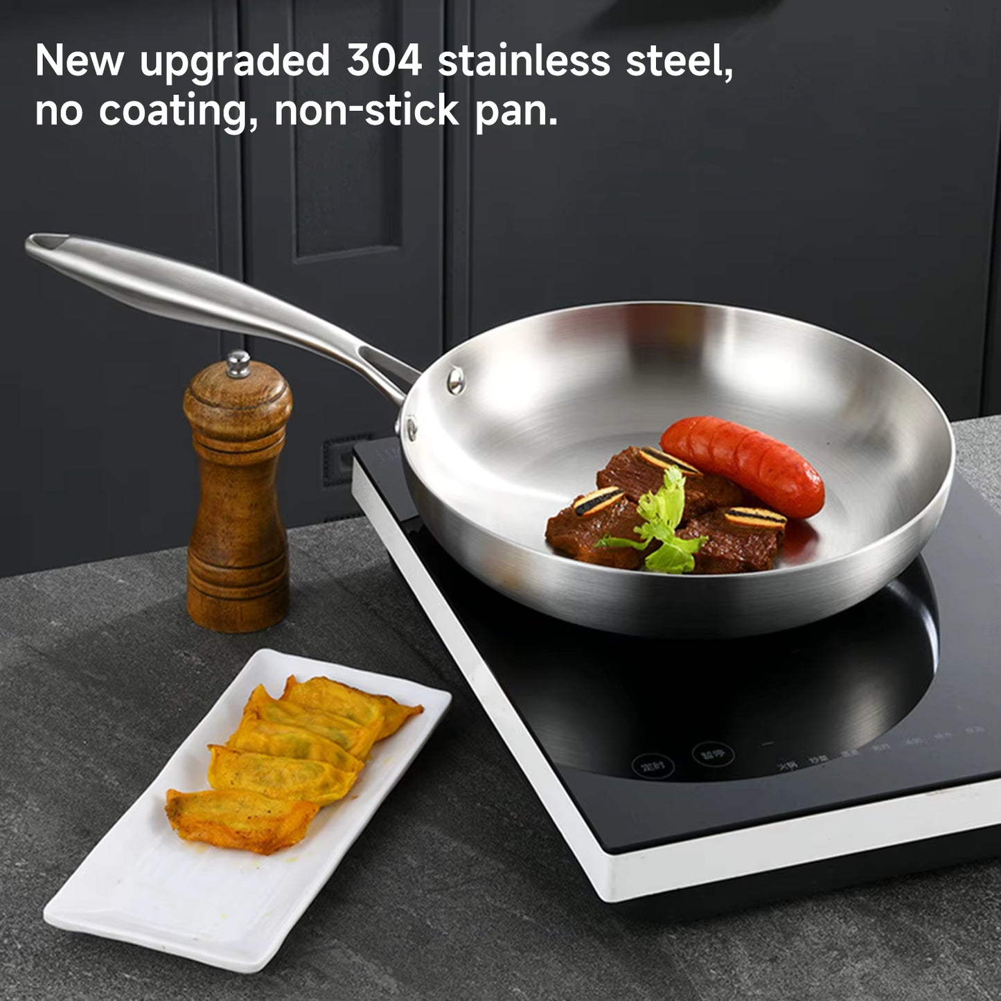 Poêle wok inox 304 24/28 cm épaisseur 2 mm