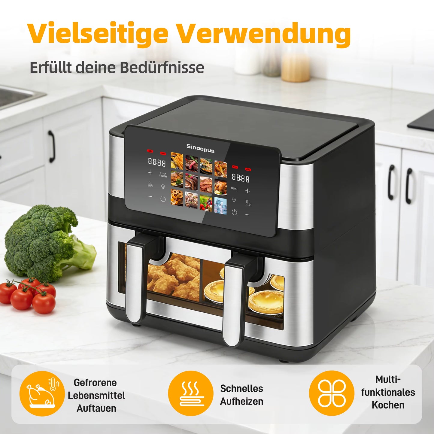 Friteuse à Air Chaud Double Panier 8,5L 2000W – Écran Tactile LED – Air Fryer Familiale 12 Programmes Sans Huile – Fenêtre de Visualisation