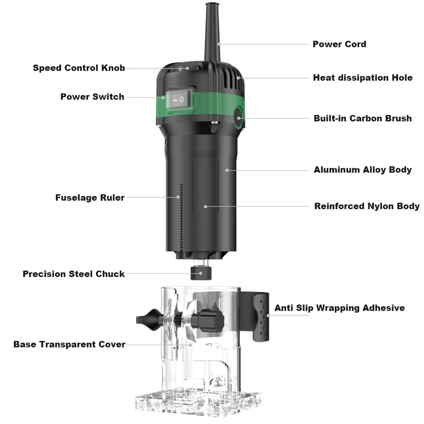 Défonceuse Électrique 800W pour Bois – Routeur de Découpe 33000 tr/min avec 6 Vitesses et Jeu de Forets