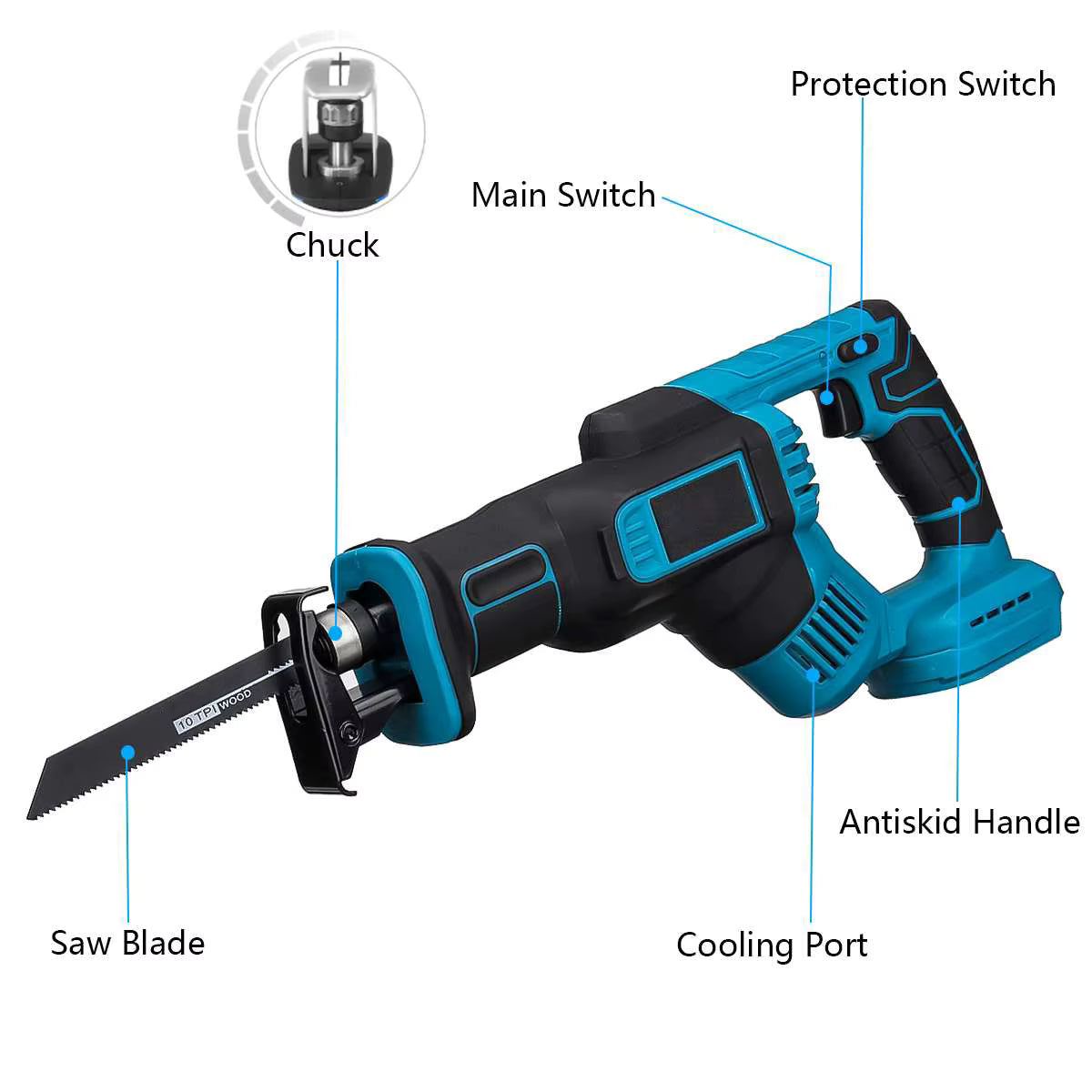 Scie alternative sans fil à vitesse variable 3000 tr/min pour bois et métal