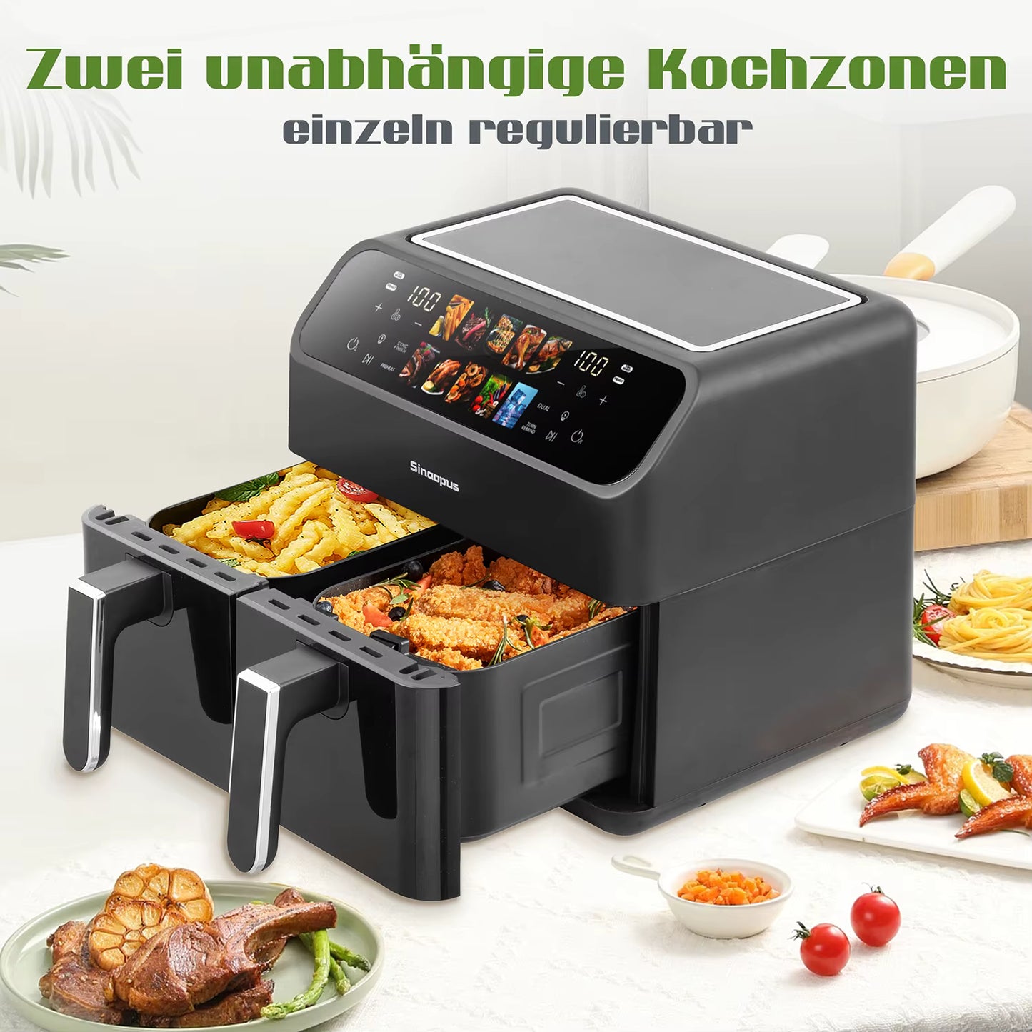 Friteuse à Air Chaud Double Panier 9L Sans Huile Écran Tactile LED XXL Familiale avec Fenêtre Visible