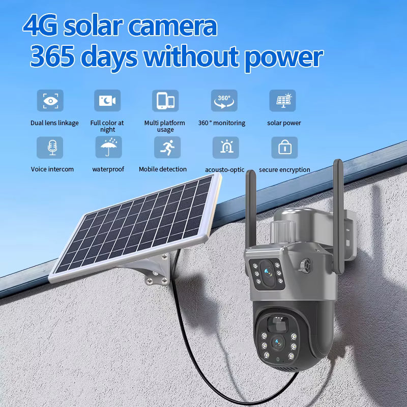 Caméra de Surveillance Solaire WiFi 4MP PTZ – Double Objectif avec Audio et Détection PIR