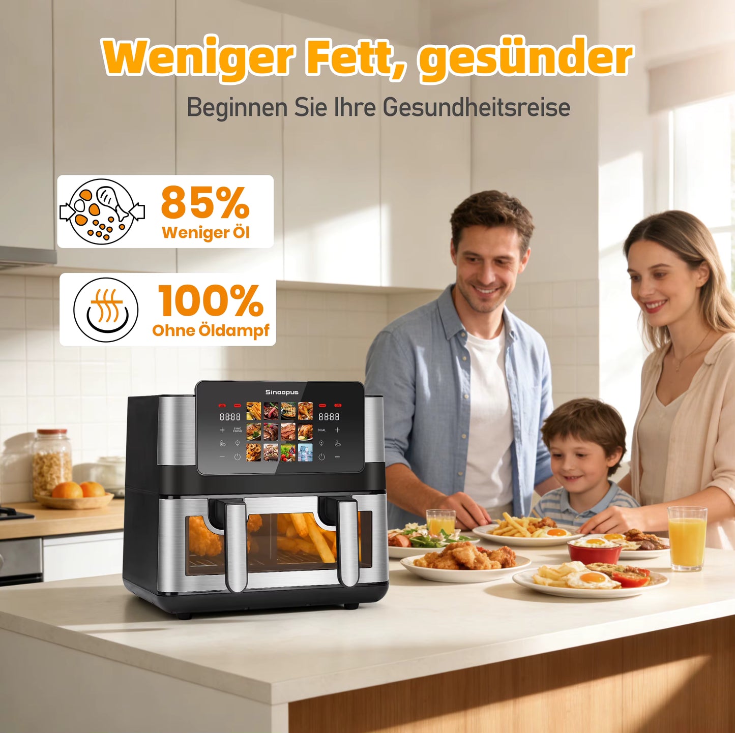 Friteuse à Air Chaud Double Panier 8,5L 2000W – Écran Tactile LED – Air Fryer Familiale 12 Programmes Sans Huile – Fenêtre de Visualisation