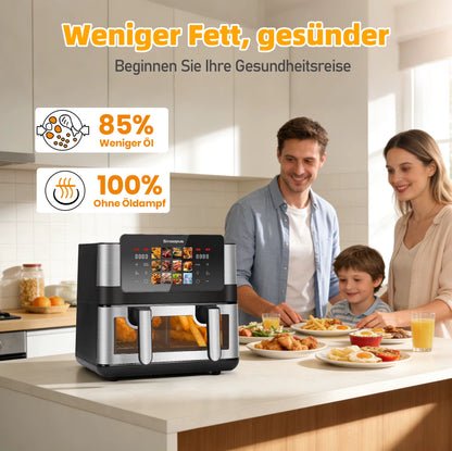 Friteuse à Air Chaud Double Panier 8,5L 2000W – Écran Tactile LED – Air Fryer Familiale 12 Programmes Sans Huile – Fenêtre de Visualisation