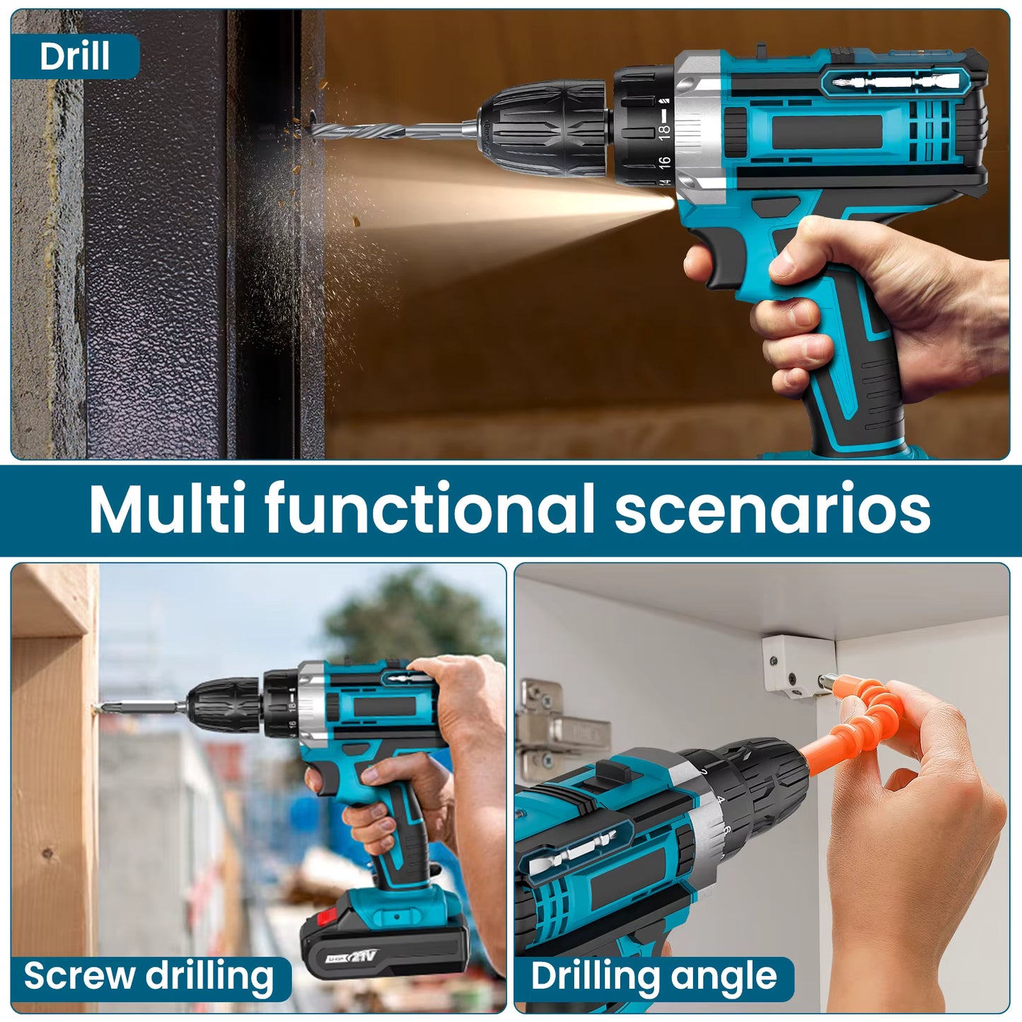Tournevis à Percussion Sans Fil avec 2 Batteries – Perceuse Électrique Réglage 32 Couples – Kit Complet Bricolage