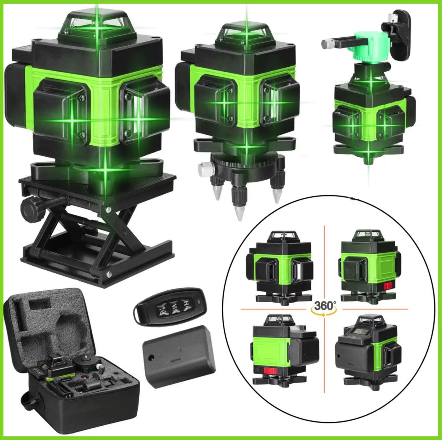 Niveau Laser 4D 16 Lignes Vert 3x360° – Batterie USB Rechargeable avec Support