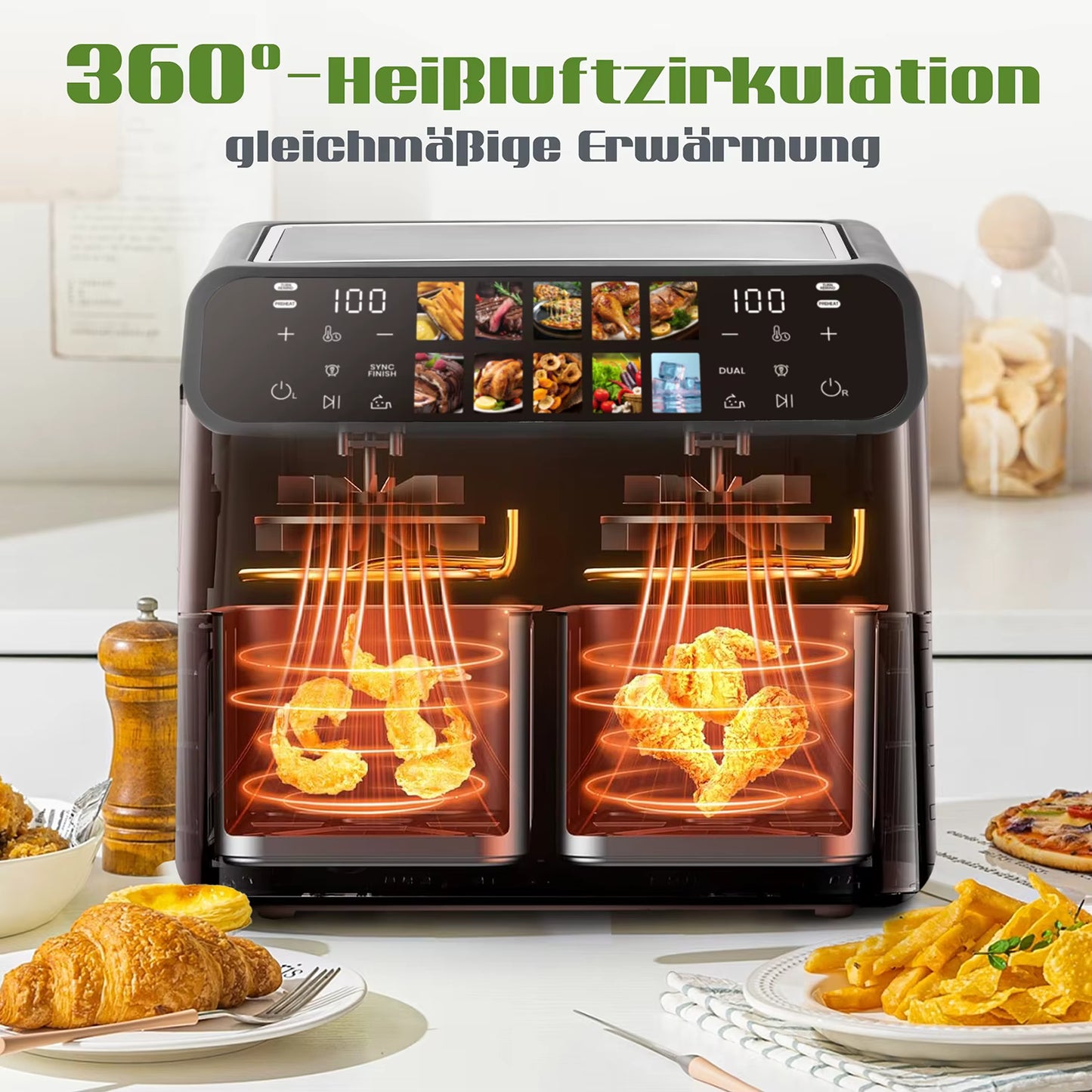 Friteuse à Air Chaud Double Panier 9L Sans Huile Écran Tactile LED XXL Familiale avec Fenêtre Visible