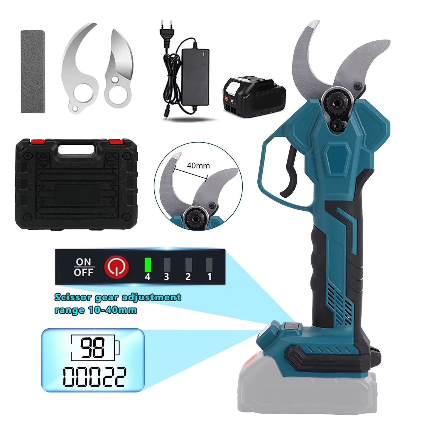 Sécateur Électrique Sans Fil Brushless – Ciseaux de Jardin avec 2 Batteries