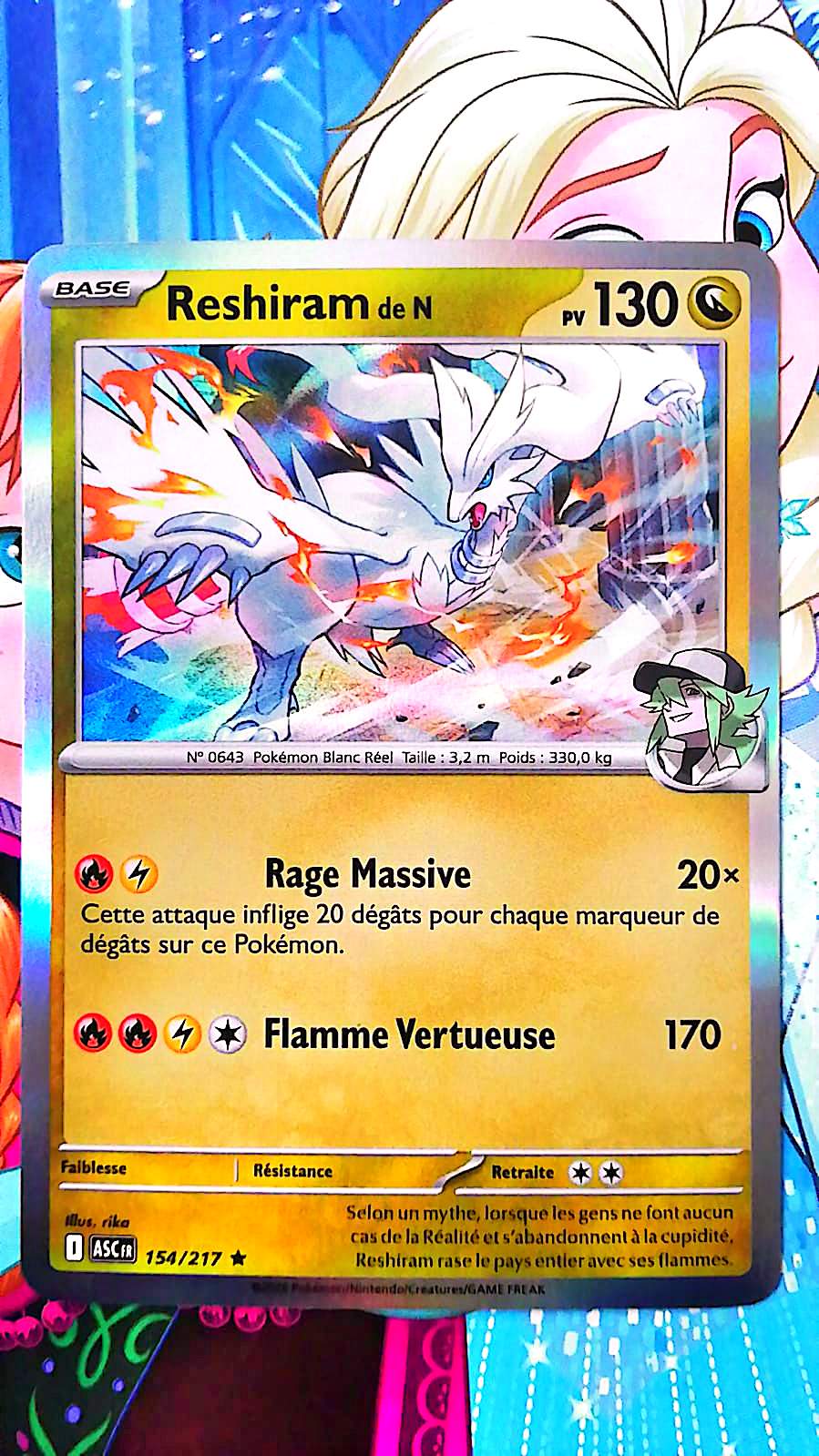 Carte Pokémon Reshiram de N 154/217 PV 130 – Carte Officielle Française – Pokémon Légendaire Feu