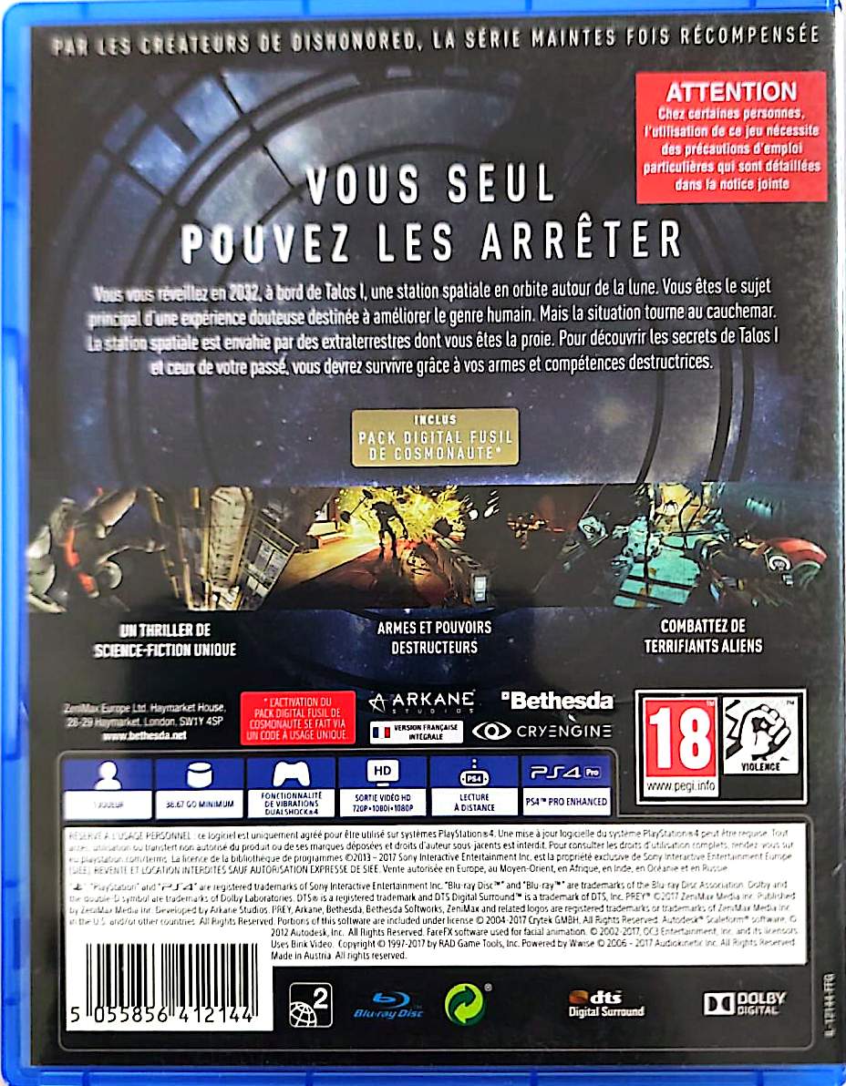 Prey PS4 – Jeu PlayStation 4 – FPS Science-Fiction et Horreur – Bethesda – PEGI 18
