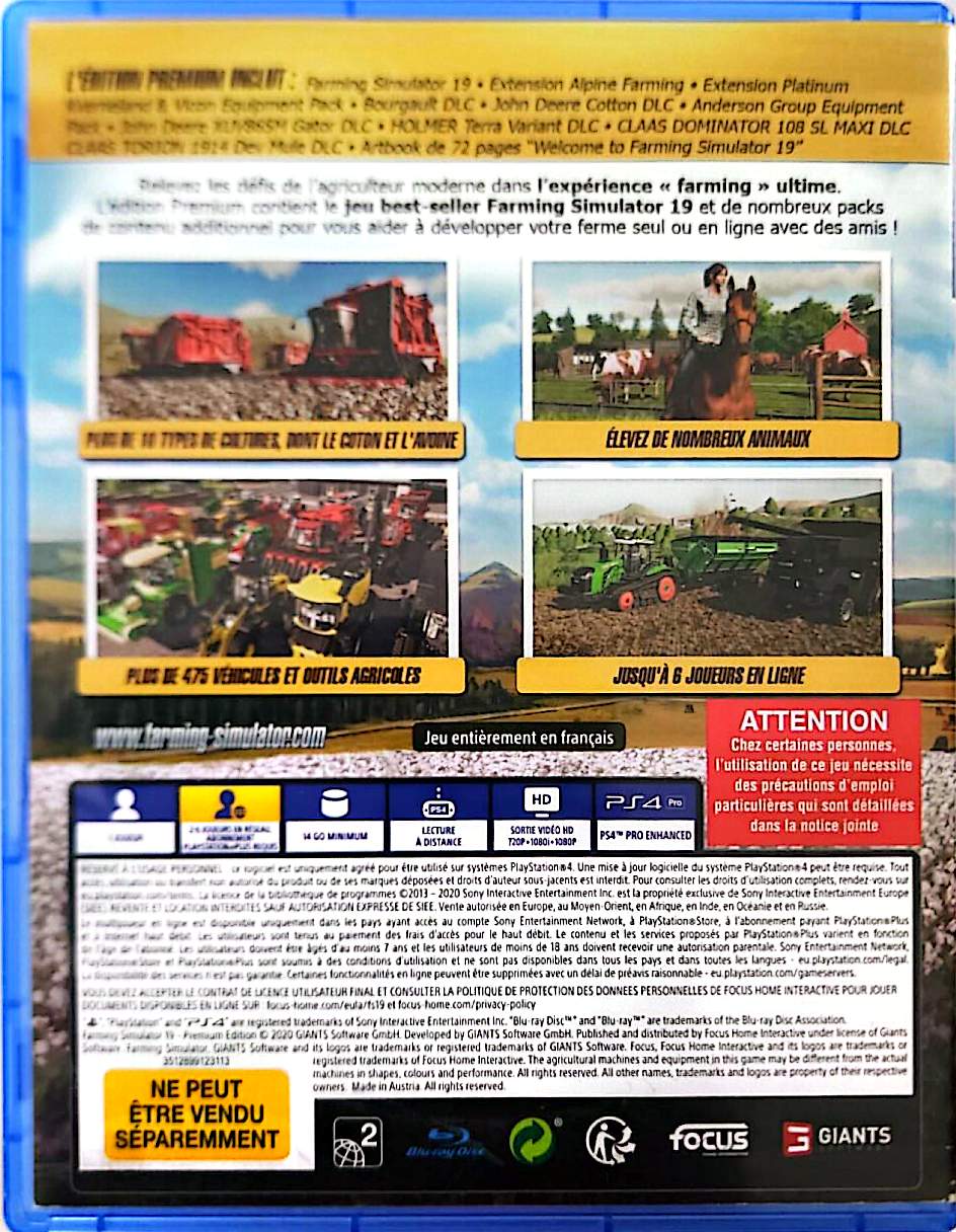 Farming Simulator 19 Premium Edition PS4 – Jeu PlayStation 4 – Simulation Agricole – Inclut Extensions et DLC – Version Française