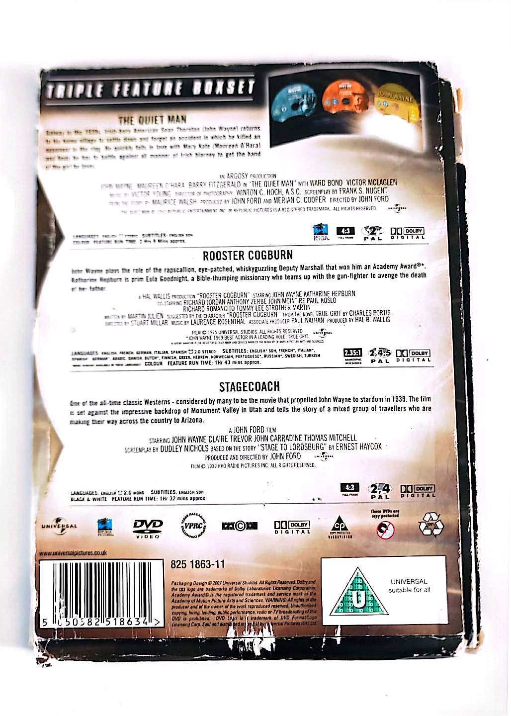 Coffret DVD John Wayne – Triple Feature | The Quiet Man + Rooster Cogburn + Stagecoach | 3 Films | Zone 2