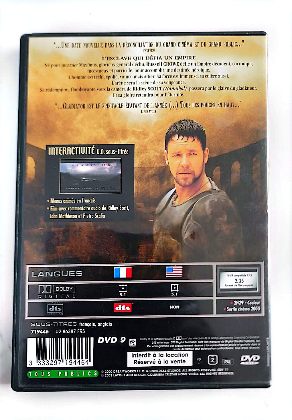 Gladiator – DVD | Péplum Historique | Ridley Scott | Russell Crowe | DTS Widescreen | Zone 2