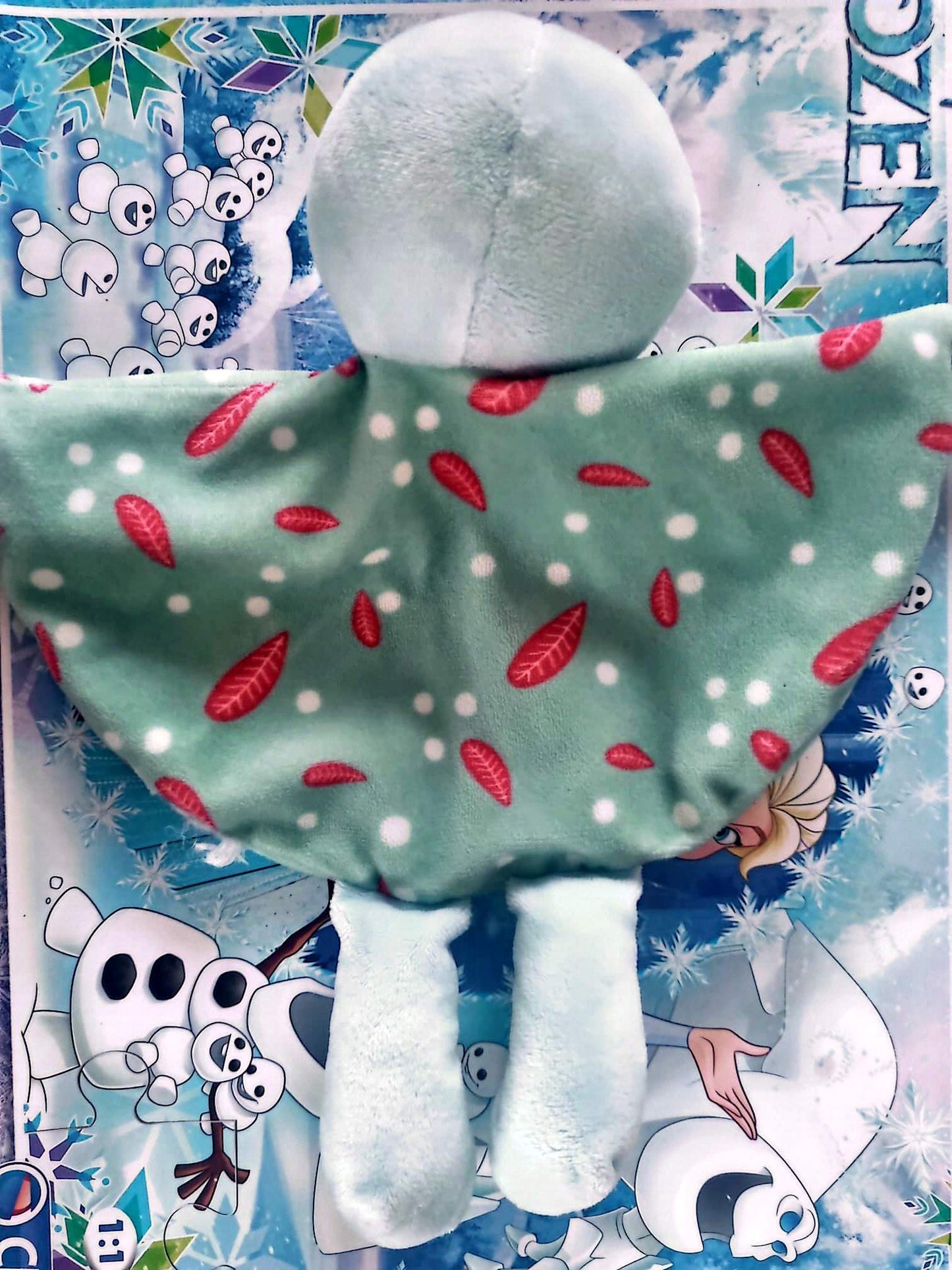 Doudou Bébé Plat avec Tête Peluche – Motif Feuilles – Bleu et Vert