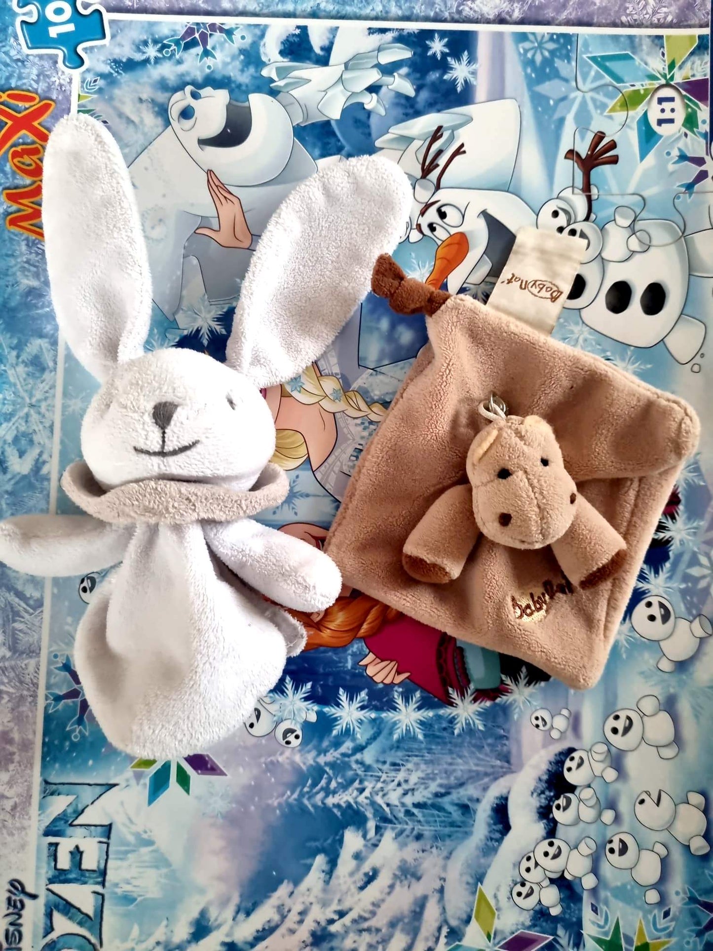 Lot Doudou Bébé Lapin Blanc + Mini Doudou Marron – Peluches