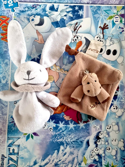 Lot Doudou Bébé Lapin Blanc + Mini Doudou Marron – Peluches