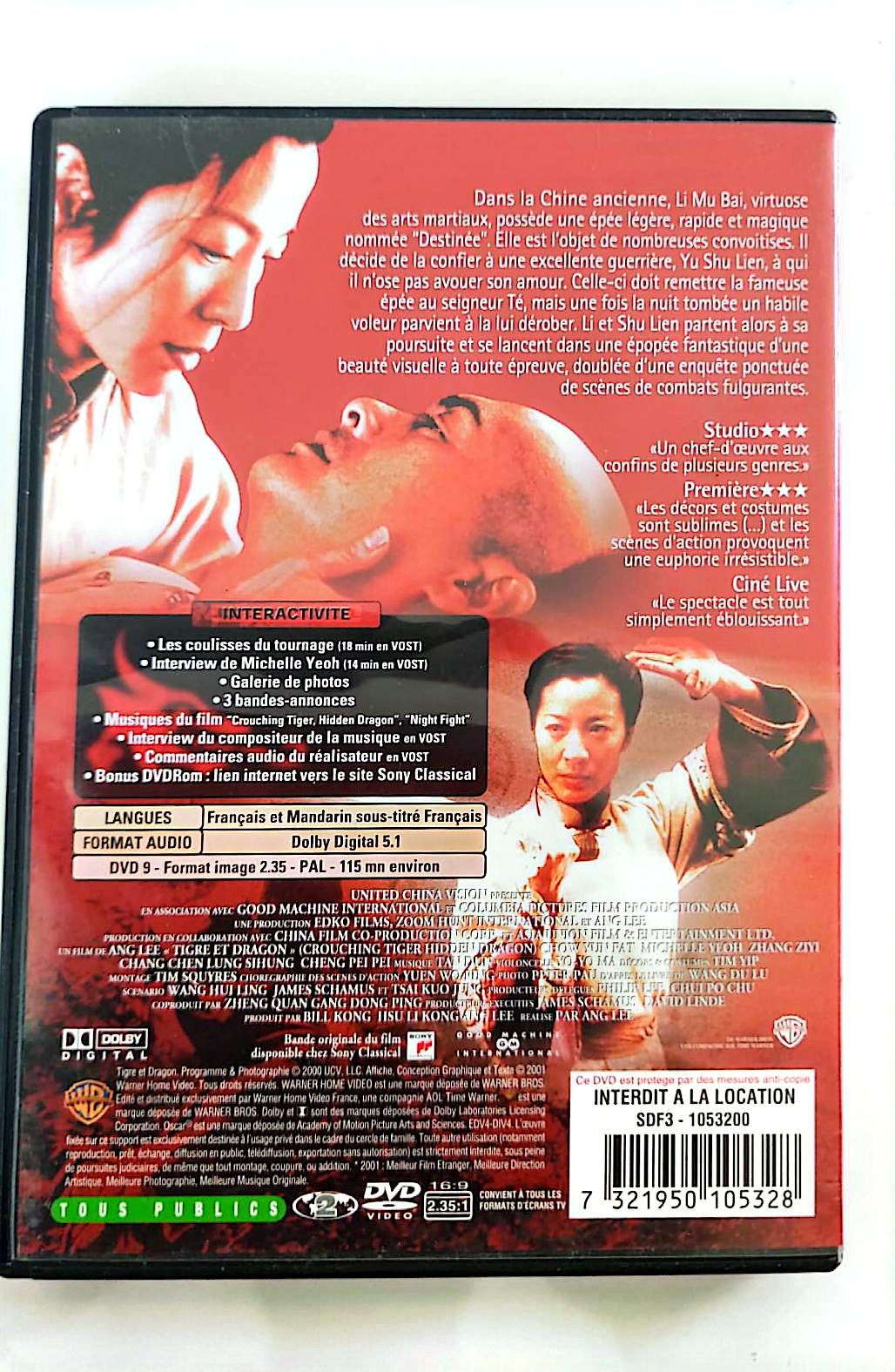 Tigre & Dragon – DVD | Ang Lee | Michelle Yeoh, Chow Yun-Fat | Warner | 4 Oscars | Occasion Bon État