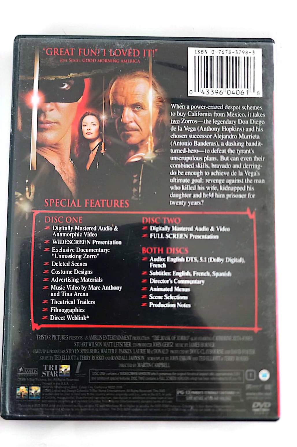 The Mask of Zorro – Édition Spéciale 2 DVD | Antonio Banderas, Anthony Hopkins | Sony | Action Aventure | Occasion Bon État