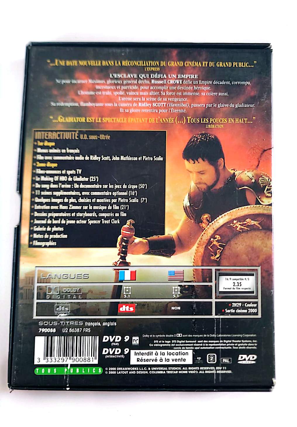 Gladiator – DVD Édition Widescreen DTS | Russell Crowe | Ridley Scott | Universal | VF | Occasion Bon État