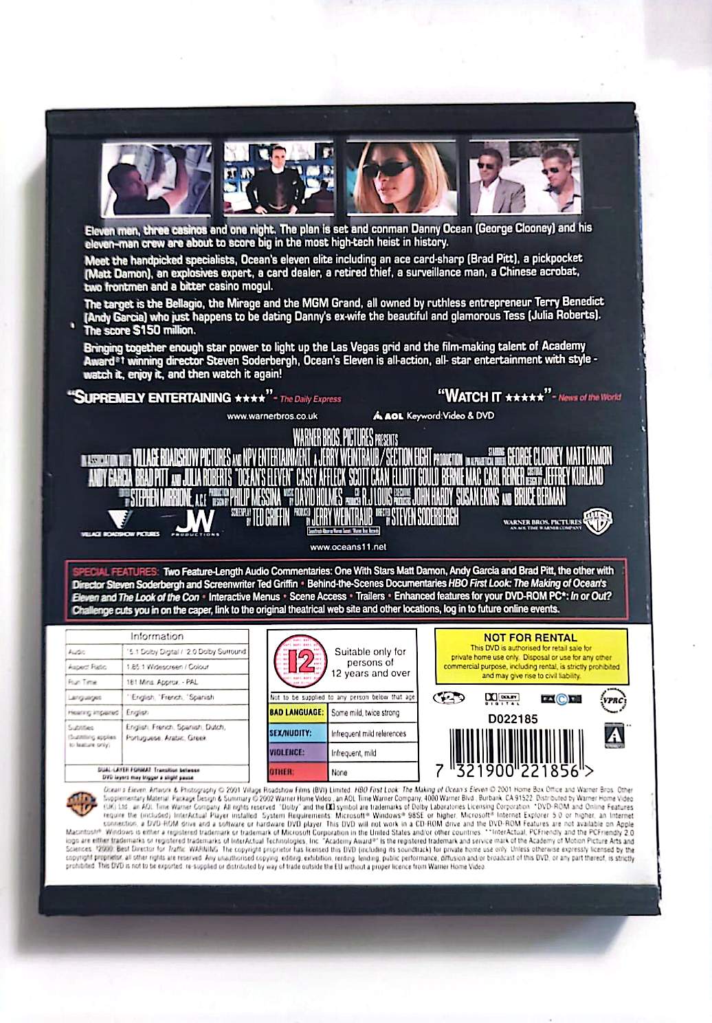 Ocean's Eleven – DVD – Warner Bros – George Clooney, Brad Pitt, Matt Damon, Julia Roberts – Zone 2 PAL