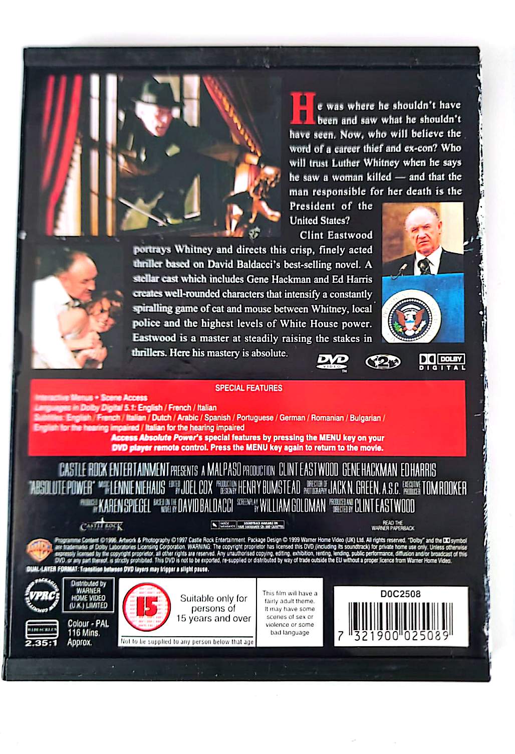 Absolute Power – DVD – Warner Bros – Clint Eastwood, Gene Hackman, Ed Harris – Zone 2 PAL – Version UK