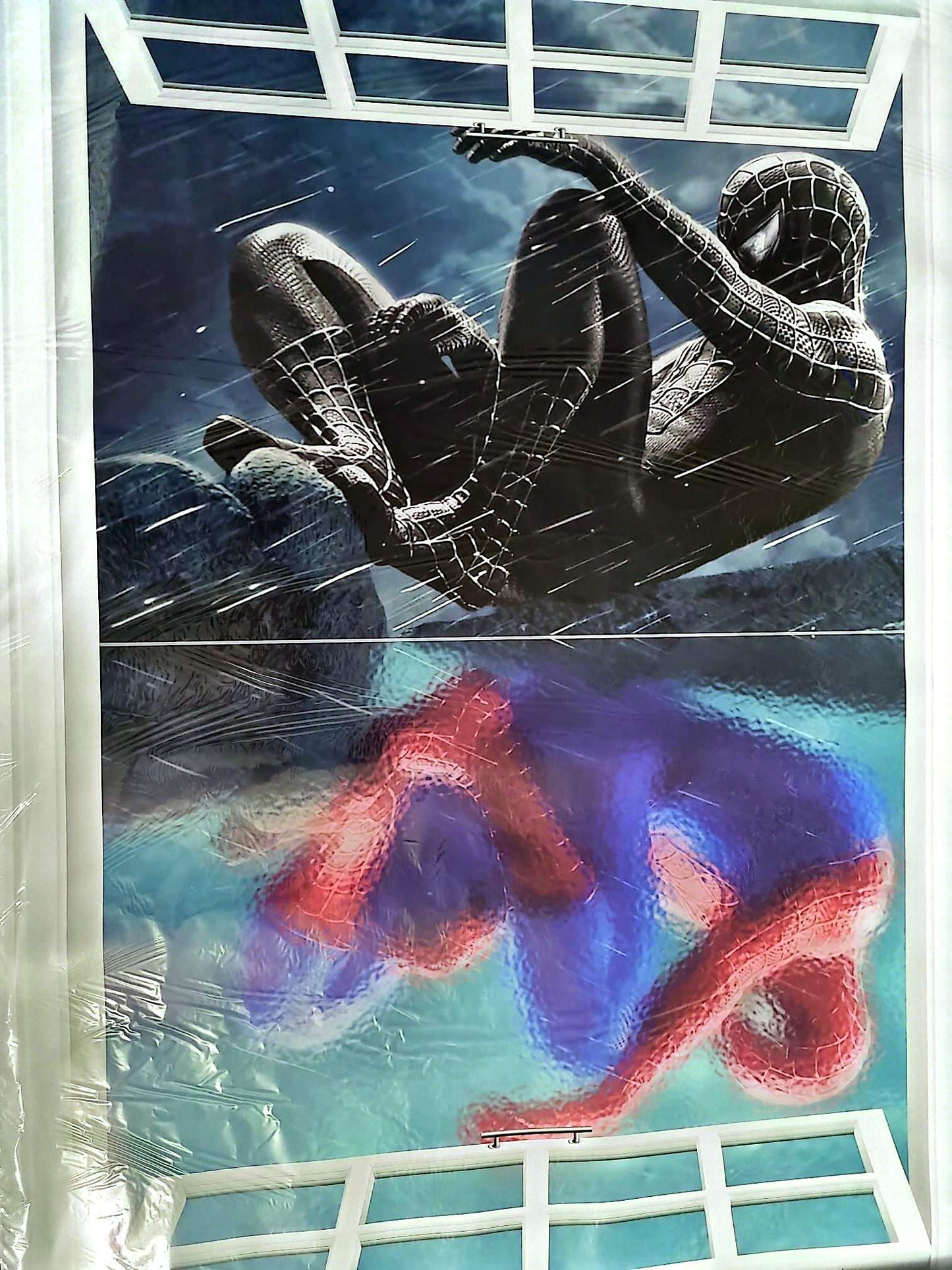Sticker mural fenêtre Spider-Man Noir – Décoration murale effet 3D – Grand format 90x60 cm