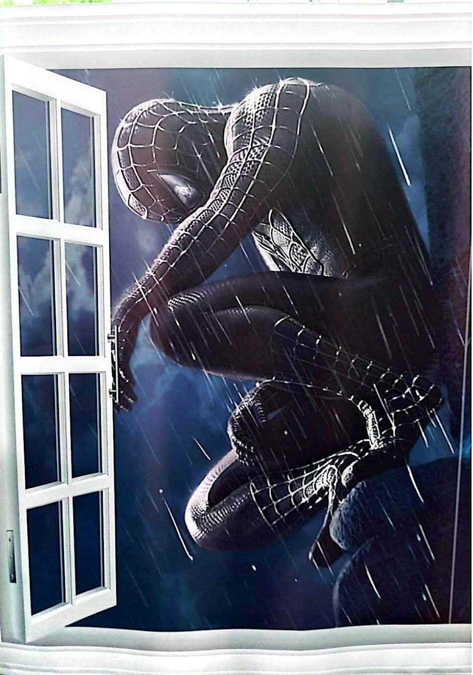 Sticker mural fenêtre Spider-Man Noir – Décoration murale effet 3D – Grand format 90x60 cm