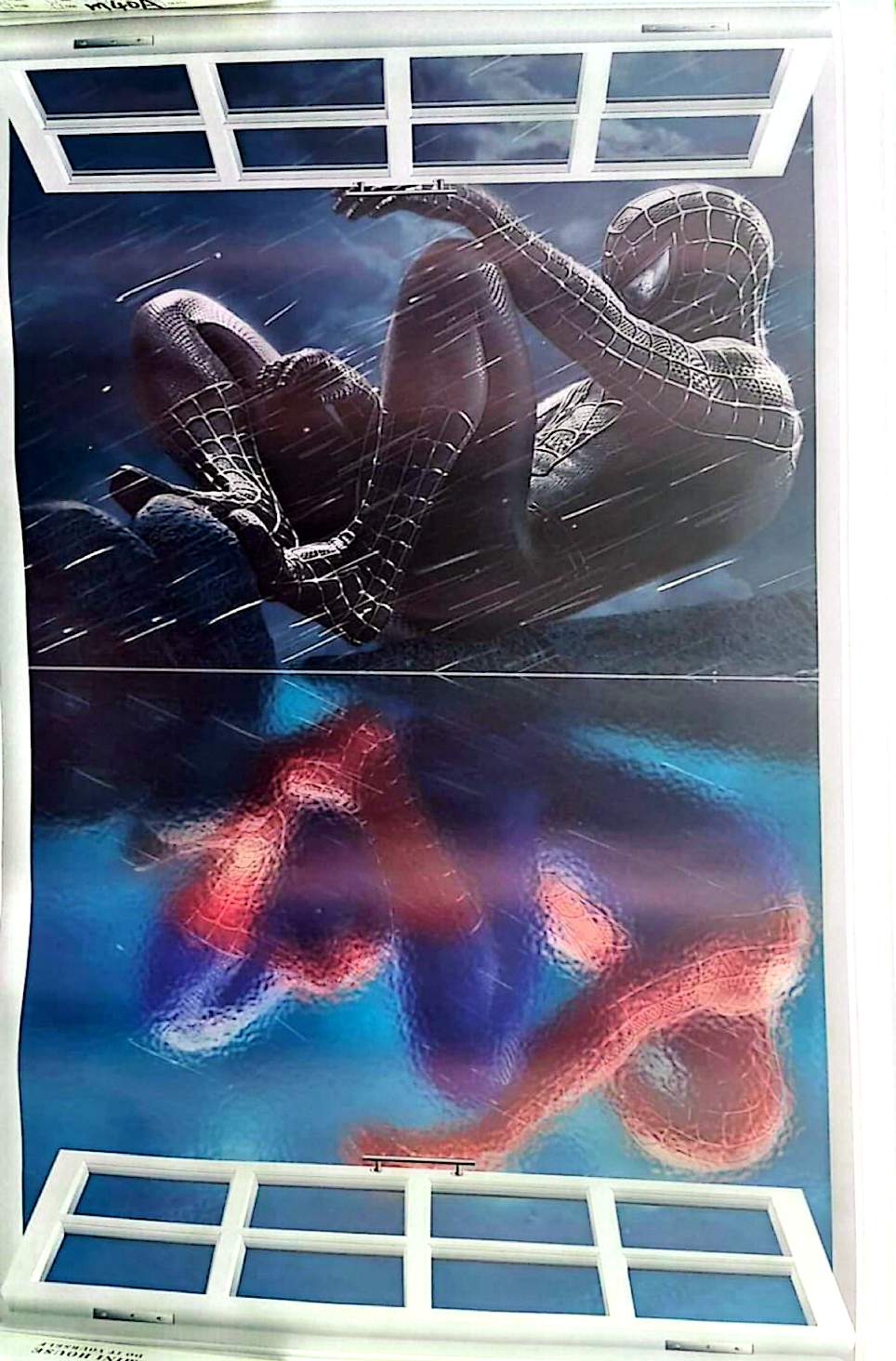 Sticker mural fenêtre Spider-Man Noir – Décoration murale effet 3D – Grand format 90x60 cm