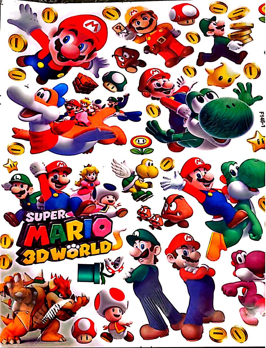 Sticker mural géant Super Mario 3D World – Mario Luigi Yoshi Toad Bowser – Décoration murale gaming enfant chambre – Autocollant XXL