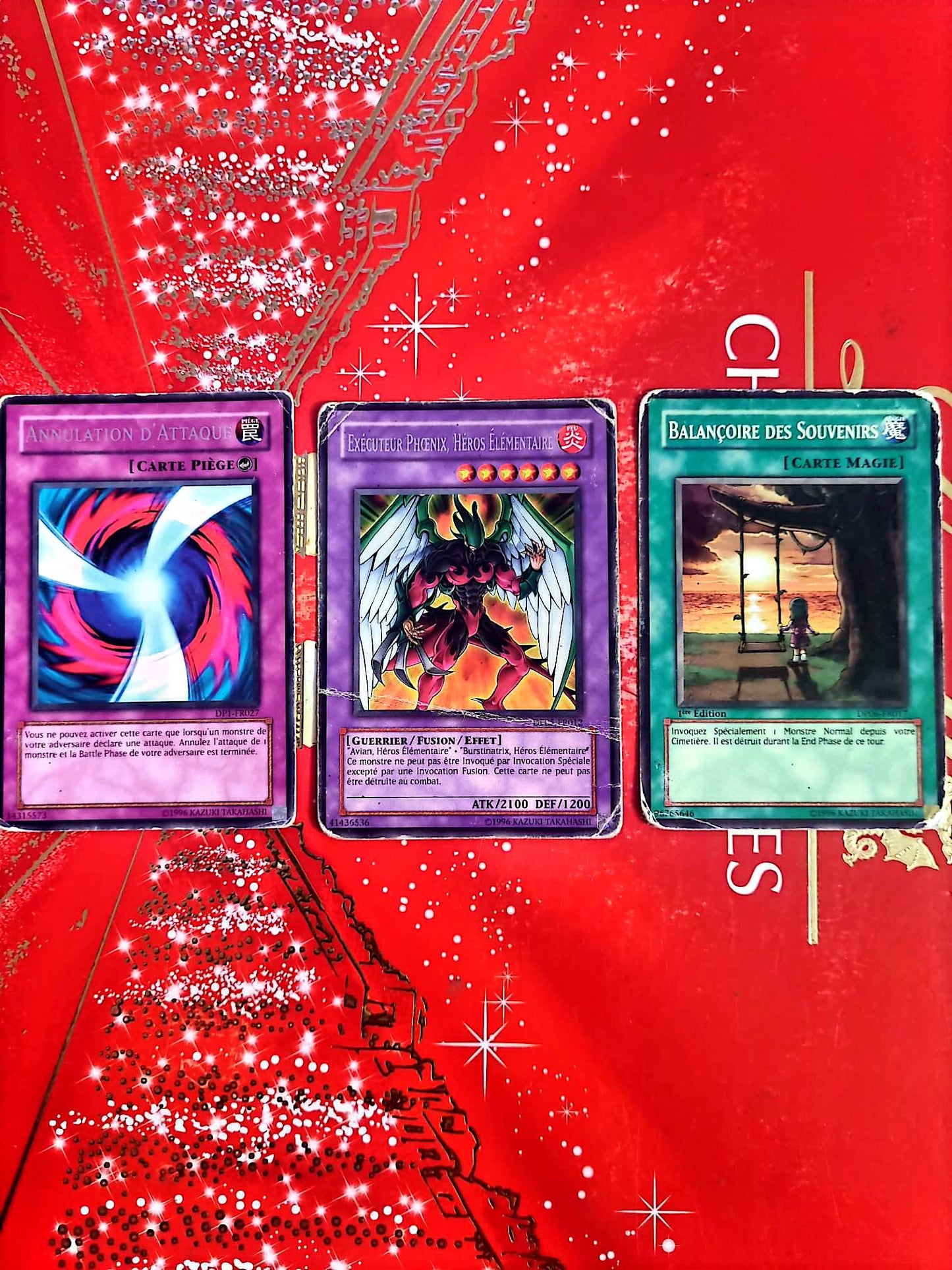 Lot de 3 Cartes Yu-Gi-Oh! Officielles Konami – Exécuteur Phénix Héros Élémentaire – Annulation d’Attaque – Balancoire des Souvenirs – Français