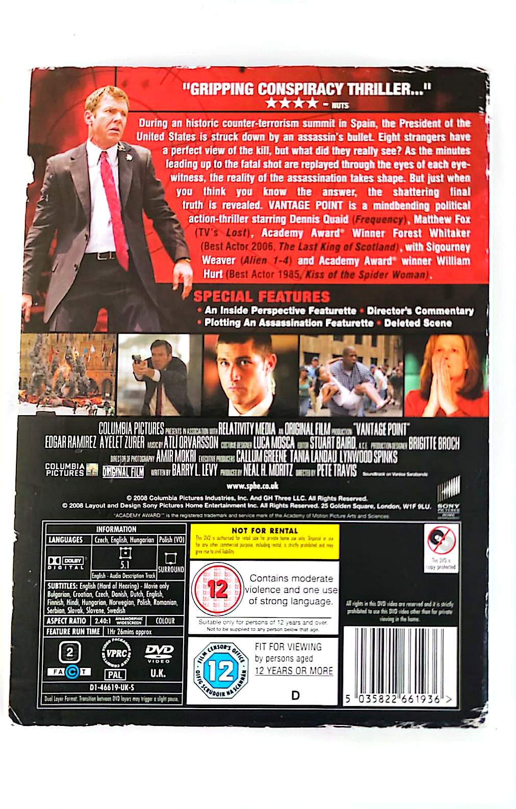 Vantage Point DVD – Dennis Quaid, Matthew Fox, Forest Whitaker – Thriller Action – Zone 2