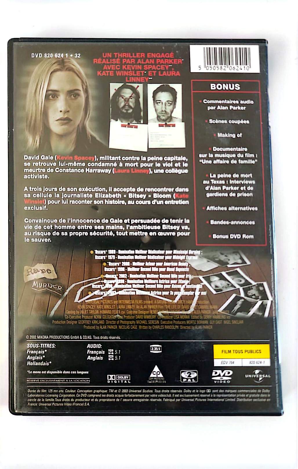 La Vie de David Gale DVD – Kevin Spacey, Kate Winslet, Laura Linney – Thriller Alan Parker | Universal Zone 2 PAL