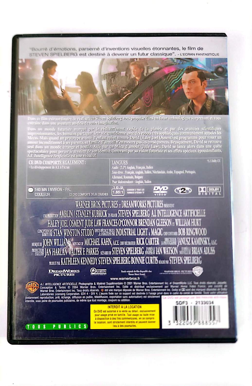 A.I. Intelligence Artificielle DVD – Steven Spielberg – Haley Joel Osment – Jude Law – Science-Fiction – Édition Française – Zone 2 PAL