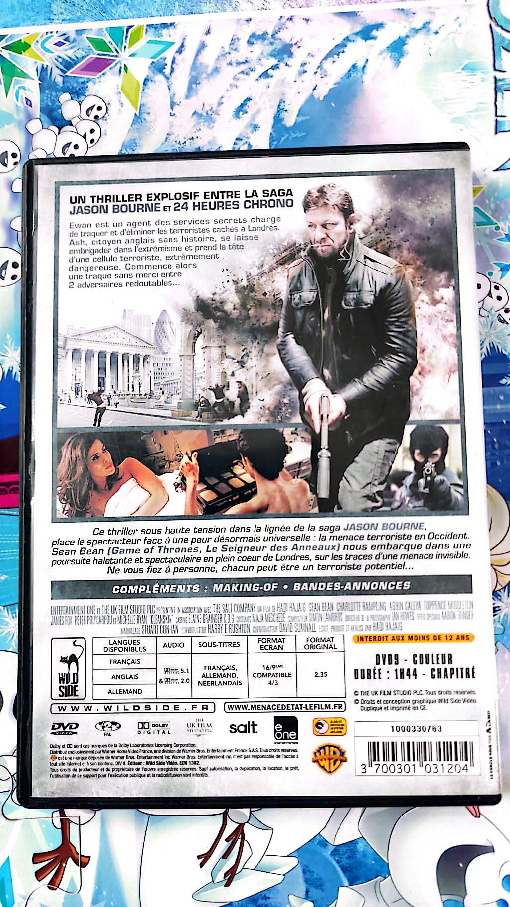 Menace d’État DVD Sean Bean Thriller Action Espionnage Film Policier Version Française