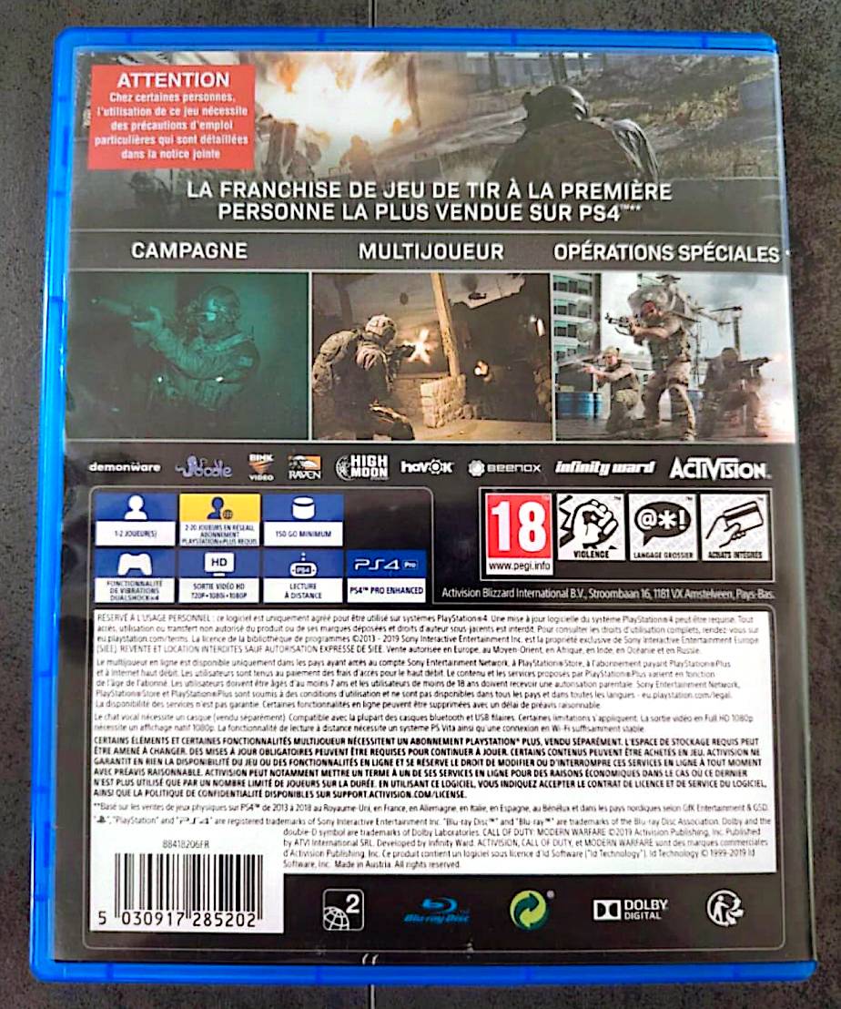 Jeu vidéo PS4 : call of duty modern Warfare