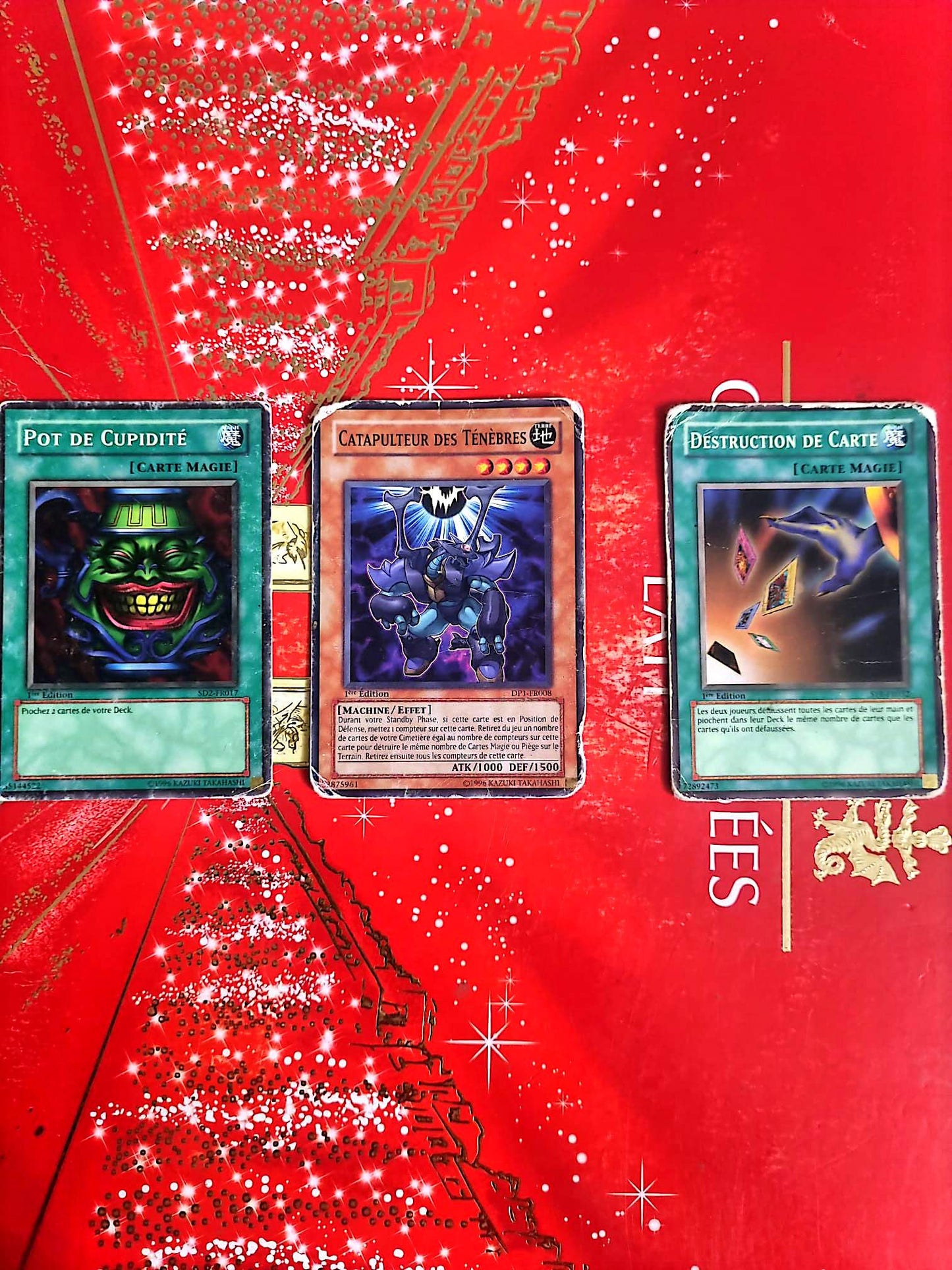Lot de 3 Cartes Yu-Gi-Oh! Officielles Konami – Pot de Cupidité – Catapulteur des Ténèbres – Destruction de Carte