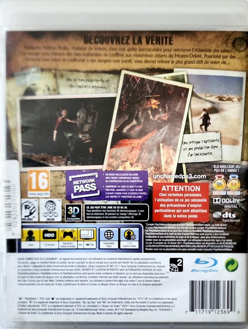 Uncharted 3 L’Illusion de Drake PS3 PlayStation 3 Jeu Vidéo Action Aventure Français PAL PEGI 16