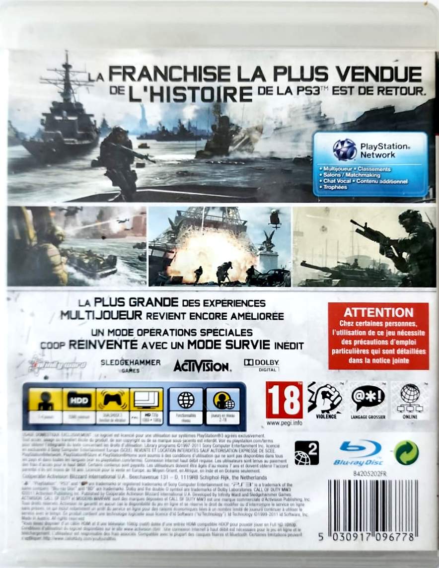Call of Duty Modern Warfare 3 MW3 PS3 PlayStation 3 Jeu Vidéo Français PAL PEGI 18 Complet