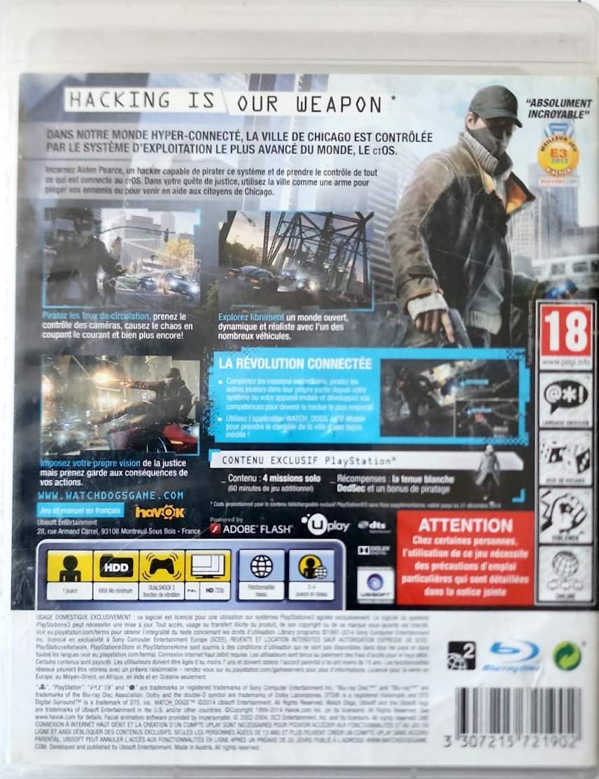 Watch Dogs PS3 PlayStation 3 Jeu Vidéo Action Aventure Monde Ouvert Ubisoft Version Française PEGI 18