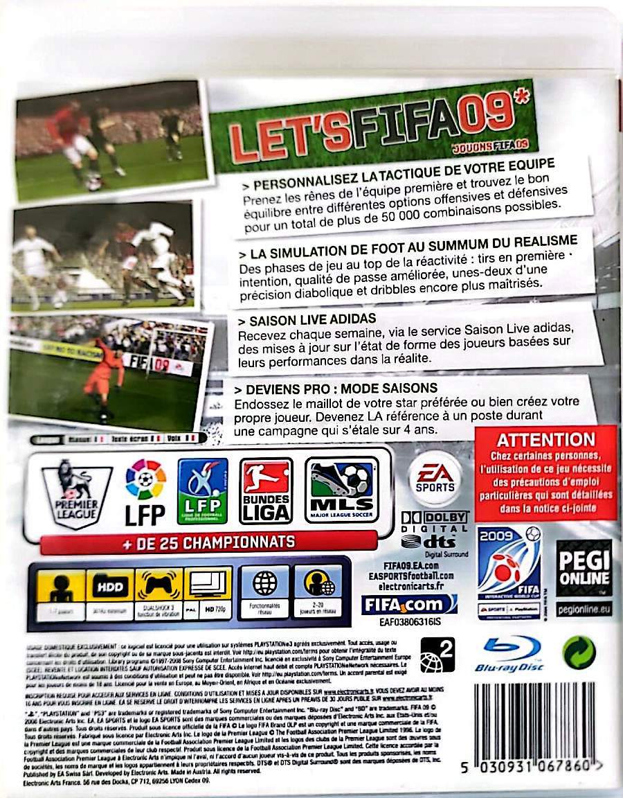 FIFA 09 PS3 PlayStation 3 Jeu Vidéo Football EA Sports Version Française Ligue 1 Bundesliga Premier League