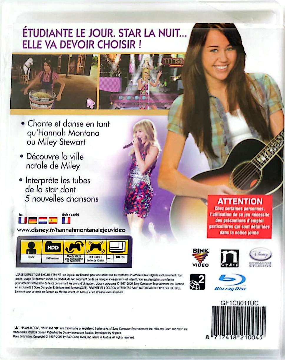 Hannah Montana Le Film PS3 PlayStation 3 Jeu Vidéo Disney Miley Stewart Version Française