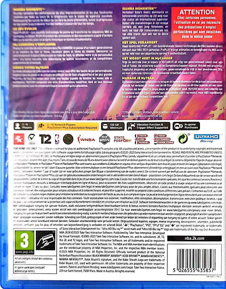 NBA 2K24 Kobe Bryant Edition PS5 PlayStation 5 Jeu Vidéo Basketball NBA WNBA Version Française
