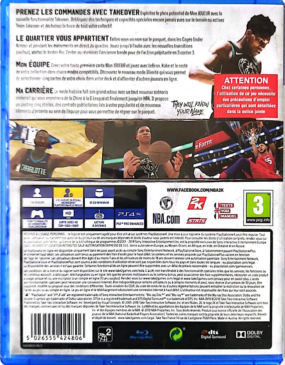 NBA 2K19 PS4 PlayStation 4 Jeu Vidéo Basketball NBA MyCareer MyTeam Giannis Antetokounmpo Version Française